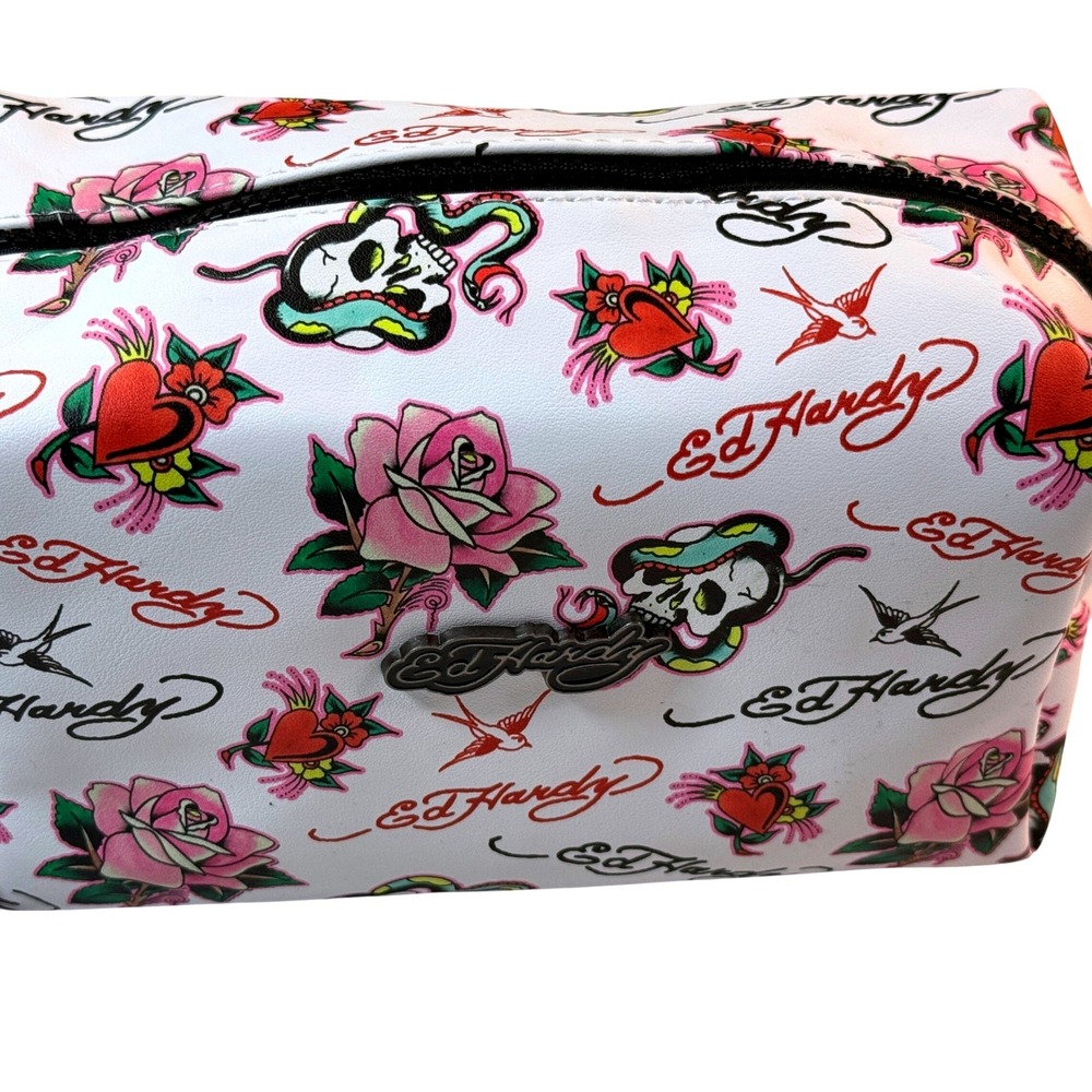 Ed Hardy Cosmetic Bag Womens White Tattoo Print‎ Skull Rose Y2K Travel Bag NWT View 2